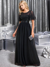 Stunning Sequin Applique A-Line Evening Dress with Short Sleeves